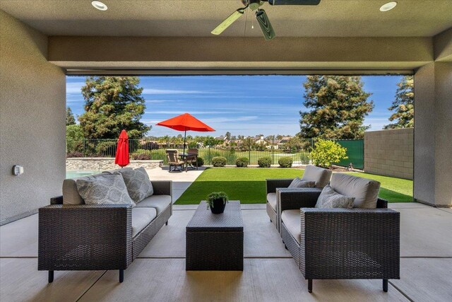 11753 N Turf Dr, Fresno, CA 93730 - view of patio with an outdoor living space, ceiling fan, and outdoor dining space