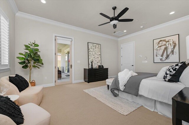 11753 N Turf Dr, Fresno, CA 93730 - carpeted bedroom featuring multiple windows, crown molding, recessed lighting, baseboards, and ceiling fan