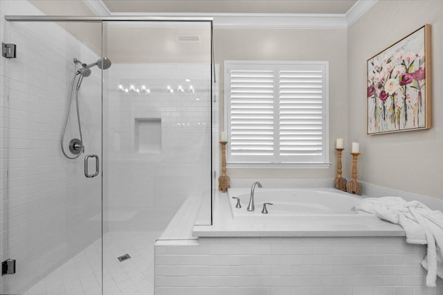 11753 N Turf Dr, Fresno, CA 93730 - bathroom with a bath, a stall shower, and ornamental molding