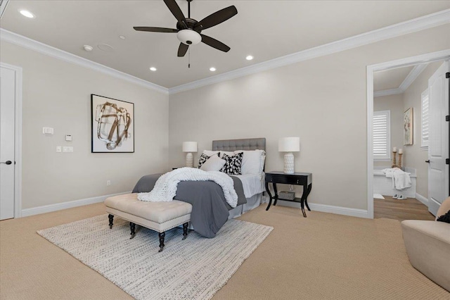 11753 N Turf Dr, Fresno, CA 93730 - bedroom featuring light carpet, recessed lighting, crown molding, baseboards, and a ceiling fan