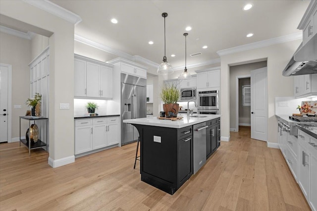 11753 N Turf Dr, Fresno, CA 93730 - kitchen with built in appliances, a sink, backsplash, an island with sink, and white cabinetry