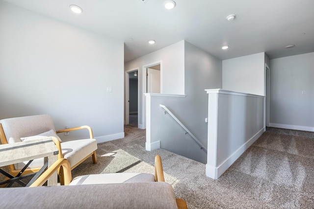 1276 Sauret St, Madera, CA 93638 - living area featuring an upstairs landing, carpet flooring, baseboards, and recessed lighting
