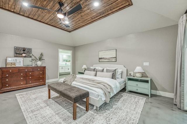 3841 W Alluvial Ave, Fresno, CA 93711 - bedroom featuring wooden ceiling, baseboards, vaulted ceiling, finished concrete flooring, and ceiling fan
