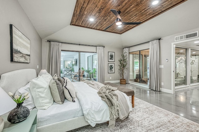 3841 W Alluvial Ave, Fresno, CA 93711 - bedroom with baseboards, access to exterior, lofted ceiling, recessed lighting, and a ceiling fan