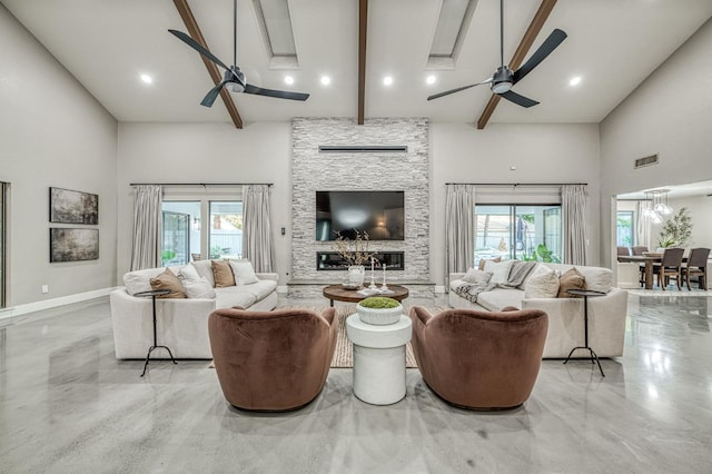 3841 W Alluvial Ave, Fresno, CA 93711 - living room featuring high vaulted ceiling, ceiling fan, beam ceiling, and a fireplace