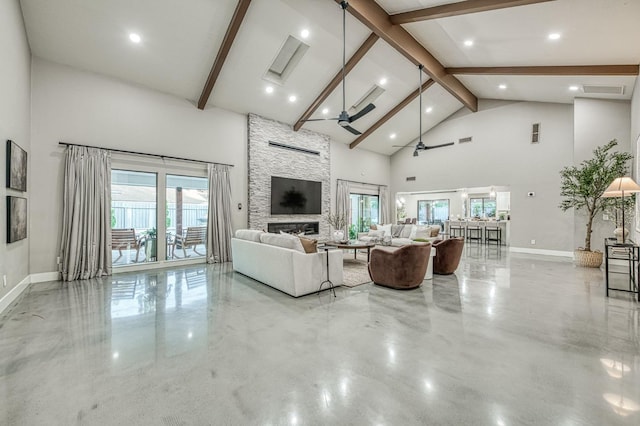 3841 W Alluvial Ave, Fresno, CA 93711 - living area with ceiling fan, high vaulted ceiling, baseboards, beam ceiling, and plenty of natural light