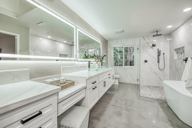 3841 W Alluvial Ave, Fresno, CA 93711 - full bathroom with a marble finish shower, vanity, toilet, a freestanding tub, and finished concrete flooring