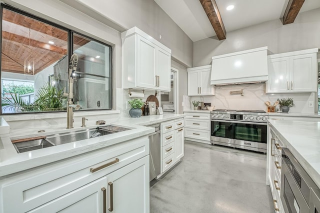 3841 W Alluvial Ave, Fresno, CA 93711 - kitchen with appliances with stainless steel finishes, premium range hood, tasteful backsplash, beam ceiling, and concrete floors