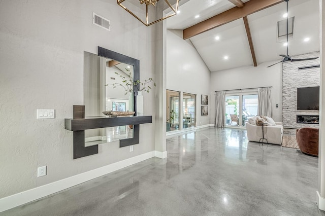 3841 W Alluvial Ave, Fresno, CA 93711 - living area featuring beam ceiling, high vaulted ceiling, baseboards, finished concrete floors, and a chandelier