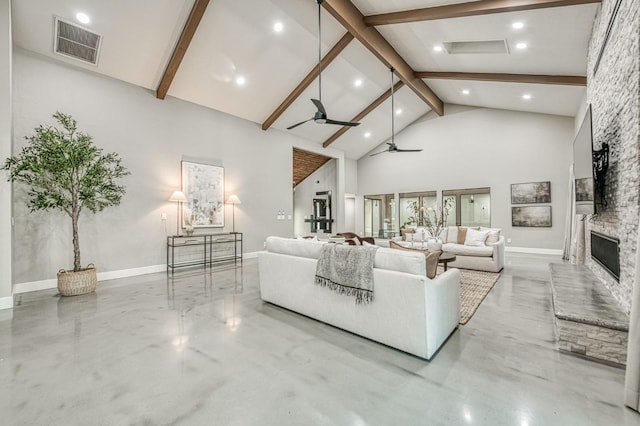 3841 W Alluvial Ave, Fresno, CA 93711 - living area featuring beamed ceiling, high vaulted ceiling, a ceiling fan, concrete flooring, and a fireplace