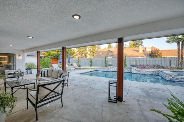 3841 W Alluvial Ave, Fresno, CA 93711 - view of swimming pool featuring an in-ground hot tub, a fenced backyard, a patio area, and an outdoor living space