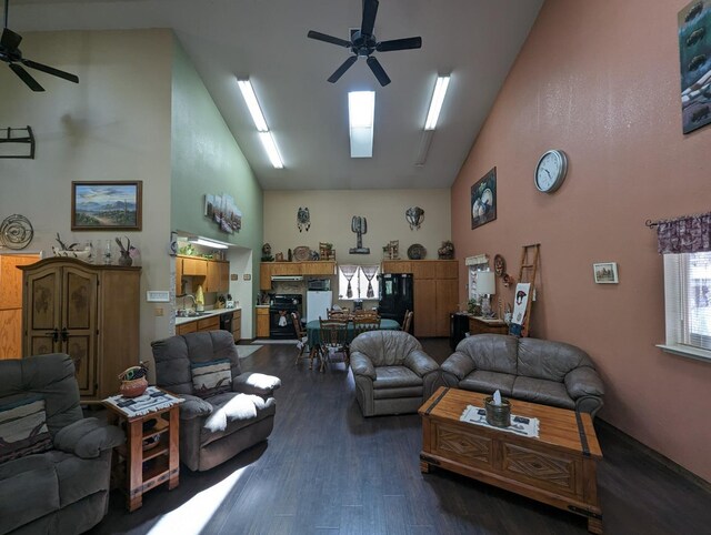 51410 Wildmint Ln, Yokuts Valley, CA 93675 - living area featuring a ceiling fan, high vaulted ceiling, and wood finished floors