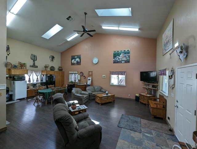51410 Wildmint Ln, Yokuts Valley, CA 93675 - living room featuring a skylight, high vaulted ceiling, dark wood-type flooring, and a ceiling fan