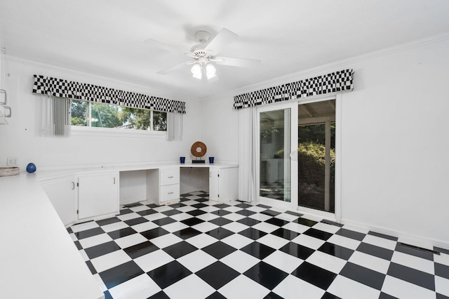 5835 E Hamilton Ave, Fresno, CA 93727 - unfurnished office with light floors, built in desk, ceiling fan, and ornamental molding