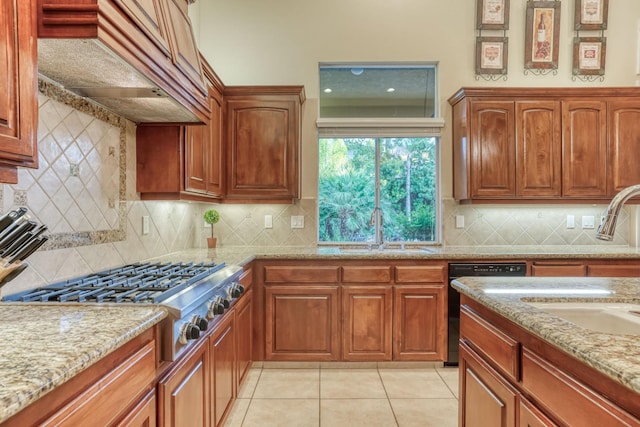 1223 E Rosemont Ln, Fresno, CA 93730 - kitchen with a sink, black dishwasher, custom exhaust hood, and stainless steel gas stovetop