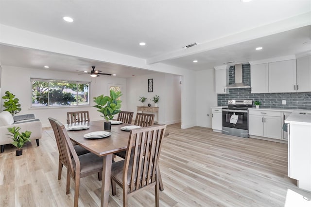 3678 N 7th St, Fresno, CA 93726 - dining room with recessed lighting, light wood-style floors, a ceiling fan, and baseboards