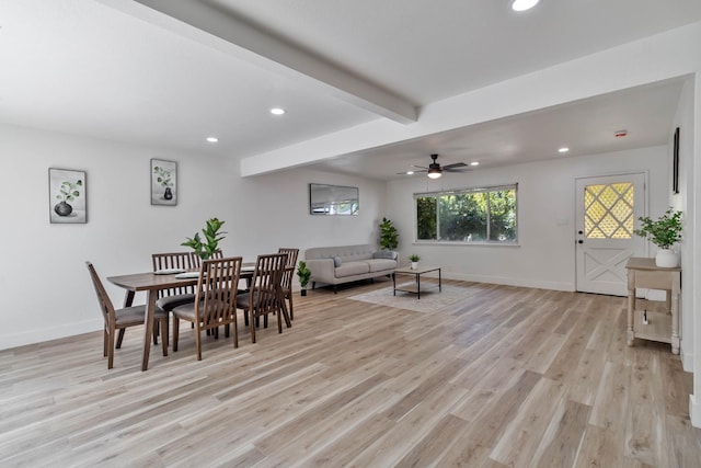 3678 N 7th St, Fresno, CA 93726 - dining room featuring recessed lighting, light wood-style flooring, beamed ceiling, baseboards, and a ceiling fan