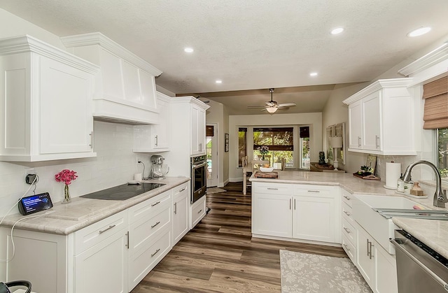 736 N Dartmouth Ave, Clovis, CA 93611 - kitchen featuring appliances with stainless steel finishes, a ceiling fan, wood finished floors, recessed lighting, and white cabinets