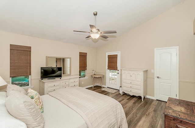 736 N Dartmouth Ave, Clovis, CA 93611 - bedroom featuring dark wood-type flooring, baseboards, a ceiling fan, and high vaulted ceiling