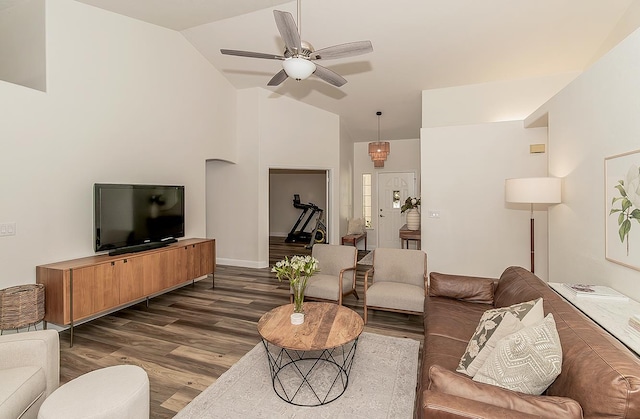 736 N Dartmouth Ave, Clovis, CA 93611 - living room with dark wood-type flooring, ceiling fan, and high vaulted ceiling