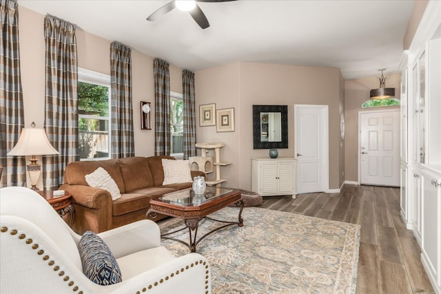 3675 Trenton Ln, Clovis, CA 93619 - living room featuring a ceiling fan, wood finished floors, and baseboards