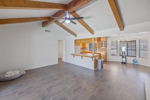 300 W Adrian Way, Hanford, CA 93230 - unfurnished living room with a chandelier, a ceiling fan, beam ceiling, dark wood finished floors, and baseboards