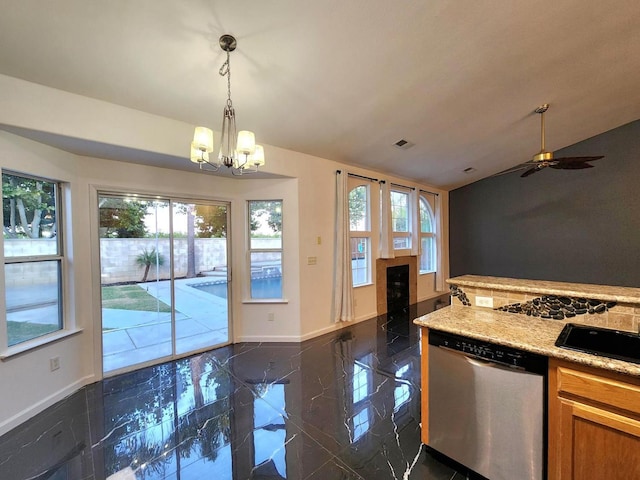 9438 N Ann Ave, Fresno, CA 93720 - kitchen with dishwasher, baseboards, a chandelier, granite floors, and brown cabinetry