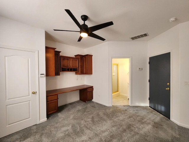 9438 N Ann Ave, Fresno, CA 93720 - unfurnished office featuring a ceiling fan, carpet floors, baseboards, and built in desk