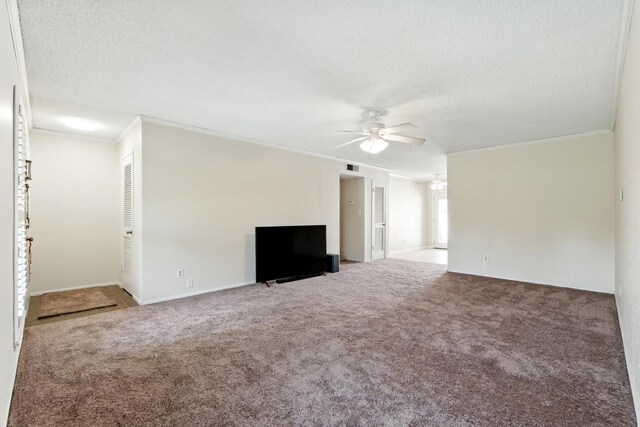 4849 N 7th St Unit E, Fresno, CA 93726 - unfurnished living room with crown molding, ceiling fan, carpet, a textured ceiling, and baseboards