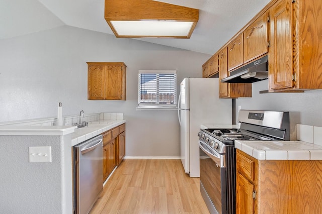 1226 Summer Field Dr, Hanford, CA 93230 - kitchen with appliances with stainless steel finishes, under cabinet range hood, lofted ceiling, light wood-type flooring, and a sink