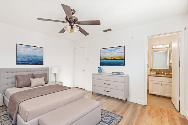 4003 E El Monte Way, Fresno, CA 93702 - bedroom with light wood finished floors, ensuite bath, and ceiling fan