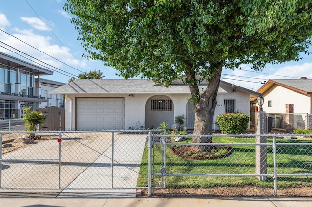4003 E El Monte Way, Fresno, CA 93702 - view of front facade with stucco siding, a garage, driveway, and a gate