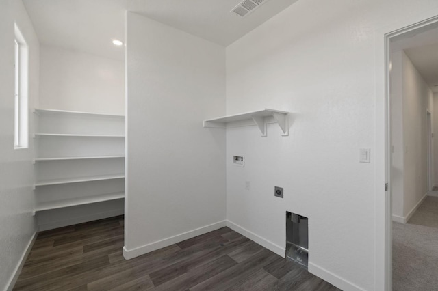 3210 Frontera Ave, Clovis, CA 93619 - laundry room featuring washer hookup, hookup for an electric dryer, dark wood-type flooring, and baseboards