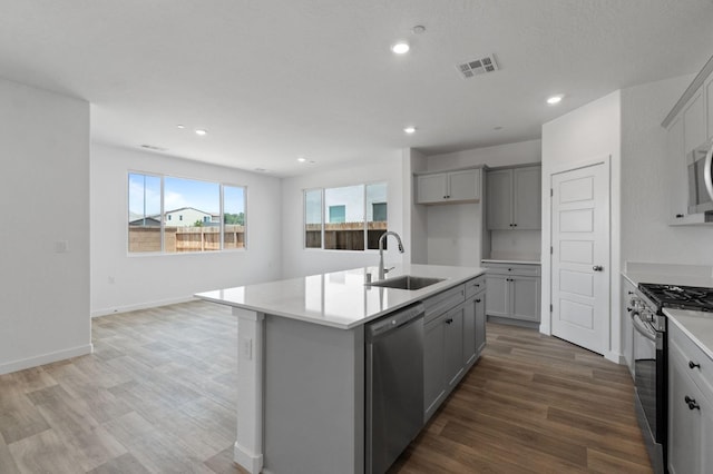 3210 Frontera Ave, Clovis, CA 93619 - kitchen with appliances with stainless steel finishes, gray cabinetry, light wood-style floors, light countertops, and recessed lighting