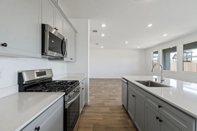 3210 Frontera Ave, Clovis, CA 93619 - kitchen with appliances with stainless steel finishes, gray cabinetry, wood finished floors, light countertops, and recessed lighting
