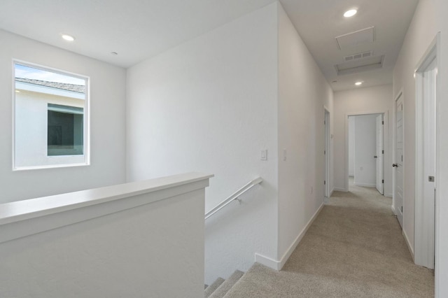 3210 Frontera Ave, Clovis, CA 93619 - hallway with attic access, light colored carpet, an upstairs landing, baseboards, and recessed lighting