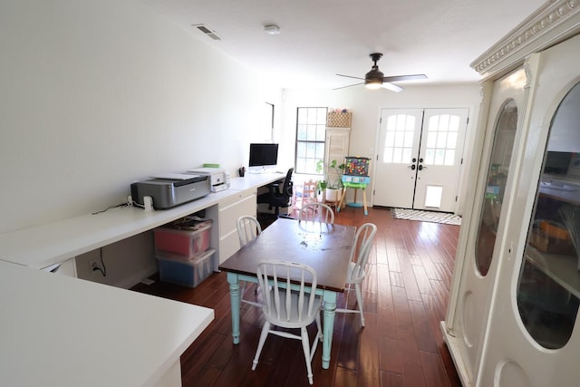 2210 W Spruce Ave, Fresno, CA 93711 - dining room featuring a ceiling fan, french doors, dark wood-type flooring, and an office area