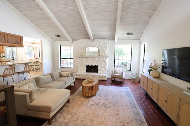 2210 W Spruce Ave, Fresno, CA 93711 - living room with dark wood-type flooring, a stone fireplace, and wooden ceiling