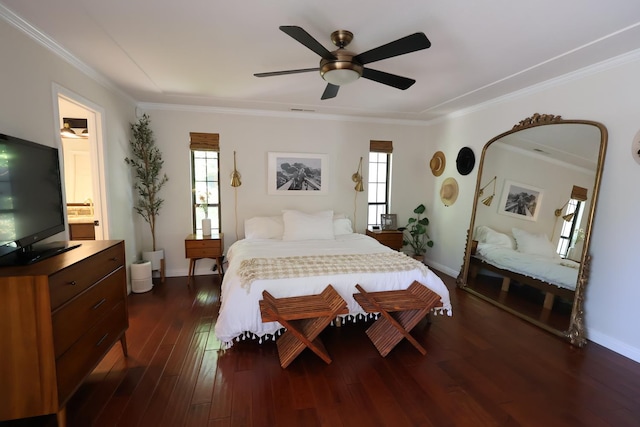 2210 W Spruce Ave, Fresno, CA 93711 - bedroom with multiple windows, ornamental molding, dark wood-style floors, and baseboards