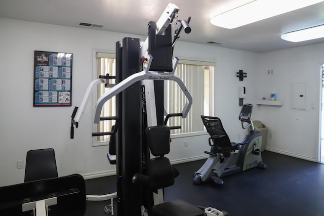 2881 E Huntington Blvd Unit 230, Fresno, CA 93721 - workout area featuring electric panel, healthy amount of natural light, and baseboards