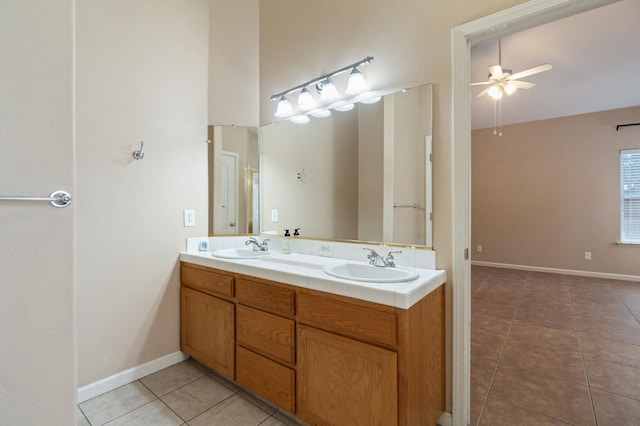 2841 E Brandon Ln, Fresno, CA 93720 - full bathroom with tile patterned flooring, double vanity, and ceiling fan