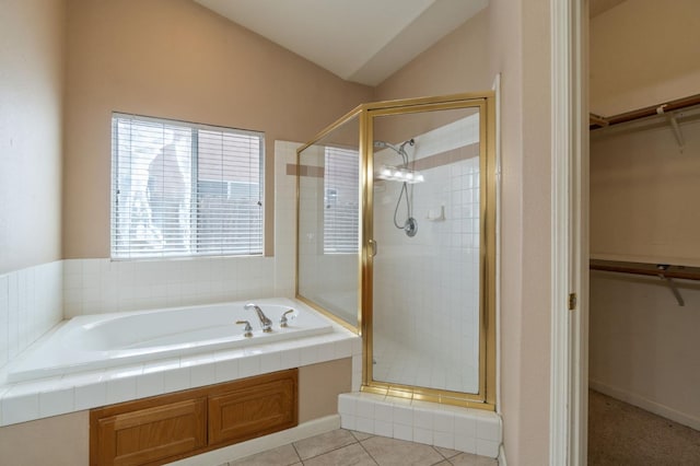2841 E Brandon Ln, Fresno, CA 93720 - full bath with a stall shower, a bath, a spacious closet, and lofted ceiling