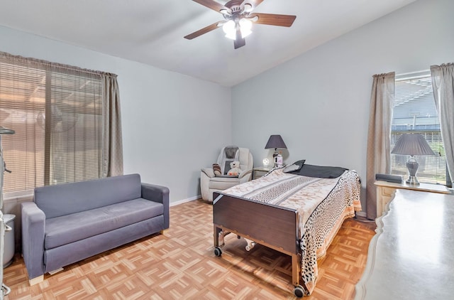 5572 W Indianapolis Ave, Fresno, CA 93722 - bedroom with vaulted ceiling, a ceiling fan, and baseboards