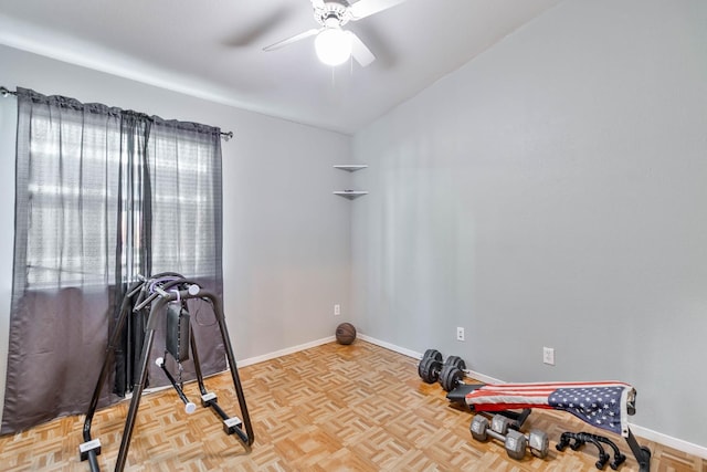 5572 W Indianapolis Ave, Fresno, CA 93722 - exercise area with ceiling fan, vaulted ceiling, and baseboards
