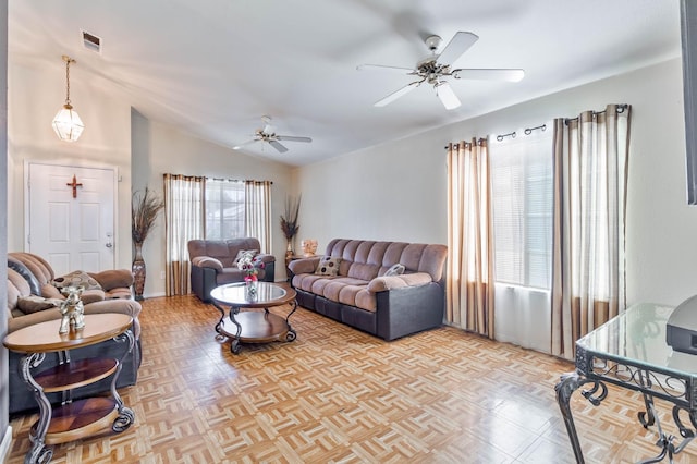 5572 W Indianapolis Ave, Fresno, CA 93722 - living room featuring vaulted ceiling and ceiling fan