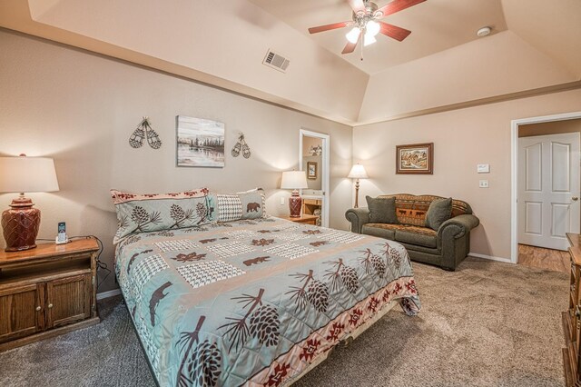 41228 Heartwood Ln, Shaver Lake, CA 93664 - bedroom featuring carpet floors, vaulted ceiling, baseboards, and ceiling fan