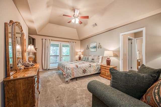 41228 Heartwood Ln, Shaver Lake, CA 93664 - carpeted bedroom featuring access to outside, vaulted ceiling, and ceiling fan