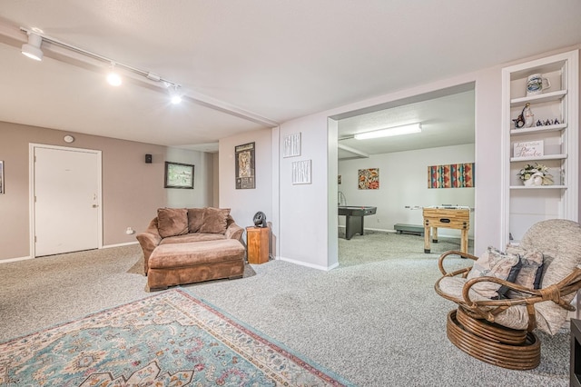 41228 Heartwood Ln, Shaver Lake, CA 93664 - carpeted living area featuring rail lighting and baseboards
