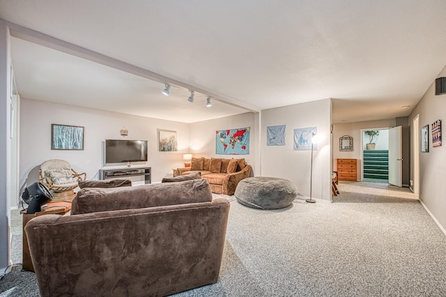 41228 Heartwood Ln, Shaver Lake, CA 93664 - carpeted living area featuring stairway and baseboards