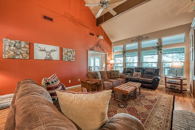 41228 Heartwood Ln, Shaver Lake, CA 93664 - living room featuring high vaulted ceiling, wood finished floors, beamed ceiling, ceiling fan, and baseboards